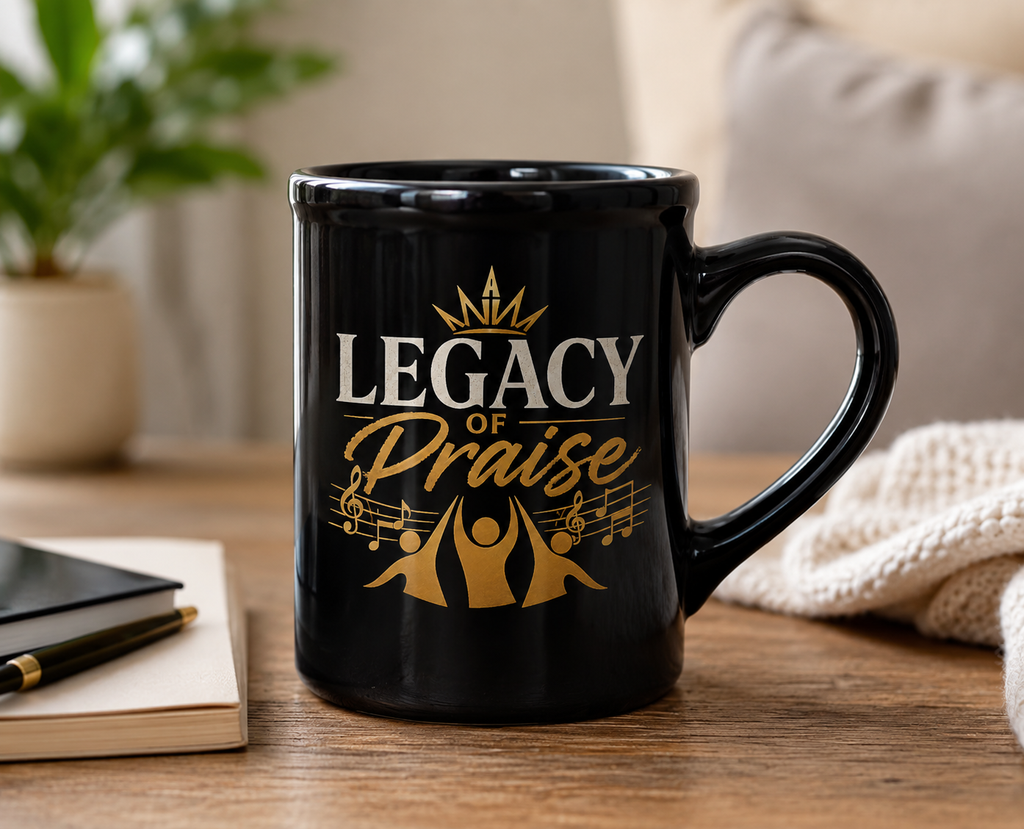 Legacy of Praise Black Ceramic Mug | Christian Coffee Mug | Faith Gift | Worship Mug | Inspirational Christian Gift | 15 oz Ceramic Mug