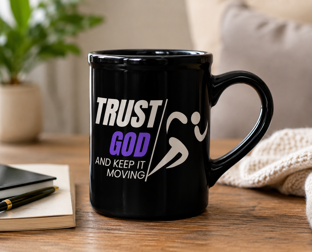 Trust God and Keep It Moving Black Ceramic Mug | Christian Coffee Mug | Faith Gift | Worship Mug | Inspirational Christian Gift | 15 oz Ceramic Mug