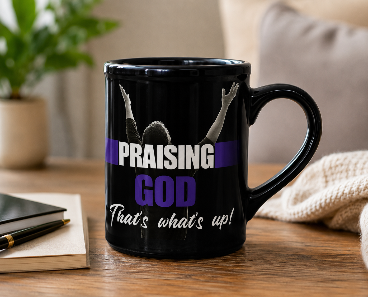 Praising God That's What's Up Black Ceramic Mug | Christian Coffee Mug | Faith Gift | Worship Mug | Inspirational Christian Gift | 15 oz Ceramic Mug