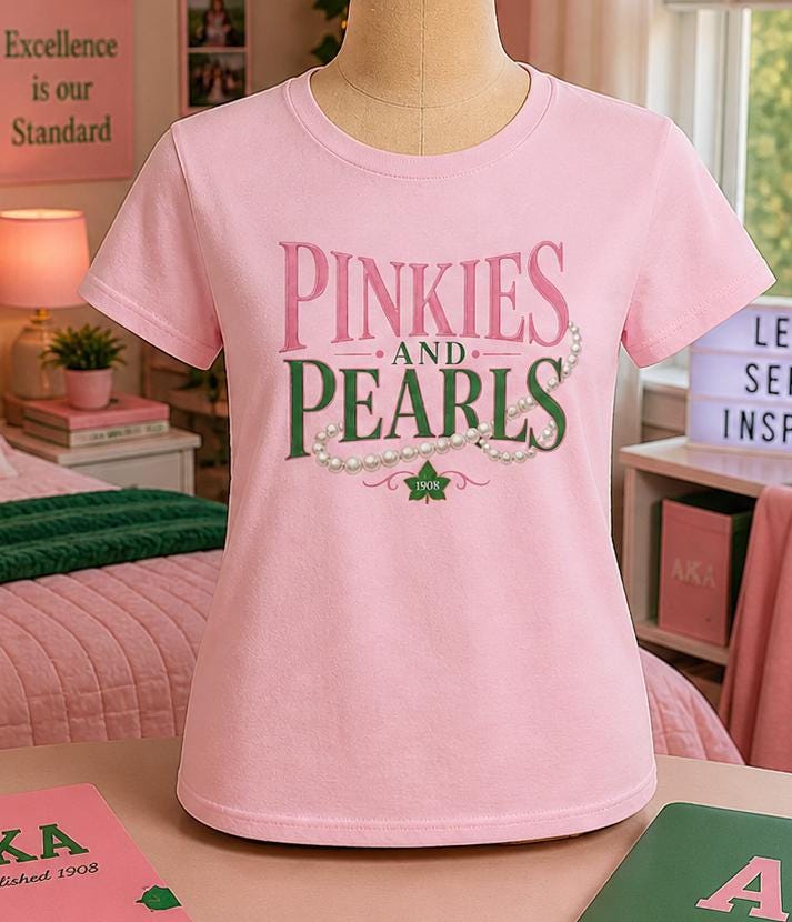 Alpha Pinkies and Pearls Tee – Pink & Green HBCU Sorority Paraphernalia Shirt