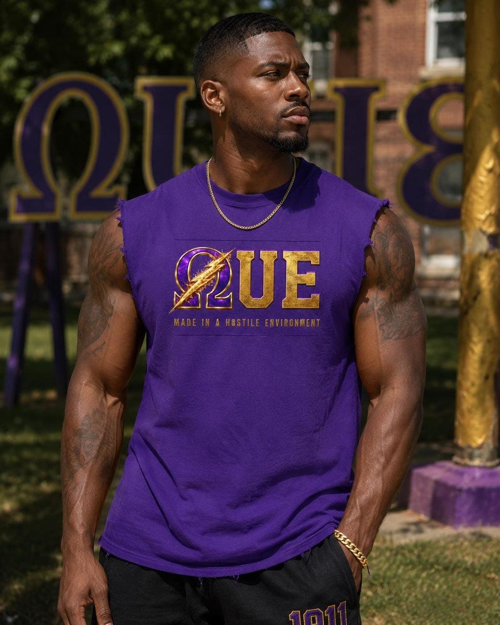 Omega Tee Made In A Hostile Environment Shirt, Q Dog Bulldog shirt Purple Gold Fraternity gear HBCU College Outfit Men Omega Inspired Shirt