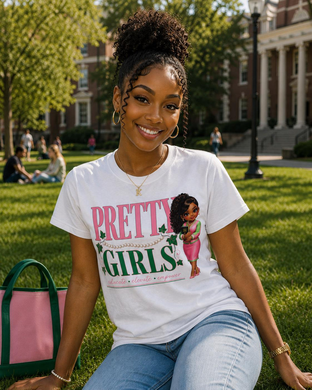 Pretty Alpha. Girls tee | Cute Black Girl Graphic T-Shirt, Pink & Green Design for Ks