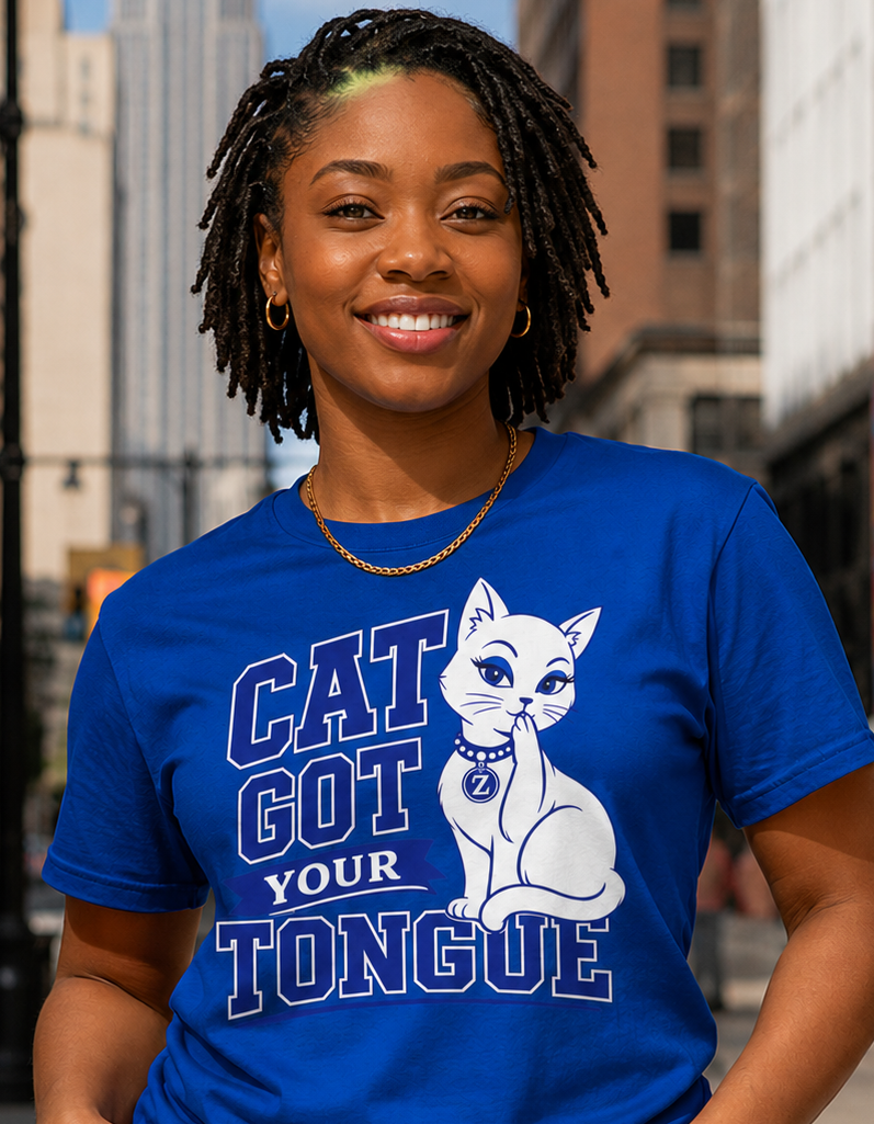 Zeta Cat Got Your Tongue Shirt | Funny Cat Graphic Tee | Blue Sisterhood Inspired Shirt | College Pride T-Shirt | Unisex Graphic Tee