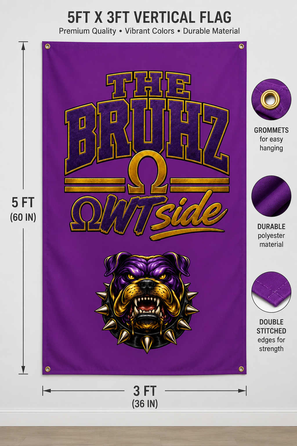 The Bruhz Outside Flag | 3x5 FT Purple Gold Outdoor Banner | Bulldog Wall Flag | Tailgate Cookout Decor | Fraternity Inspired Gift