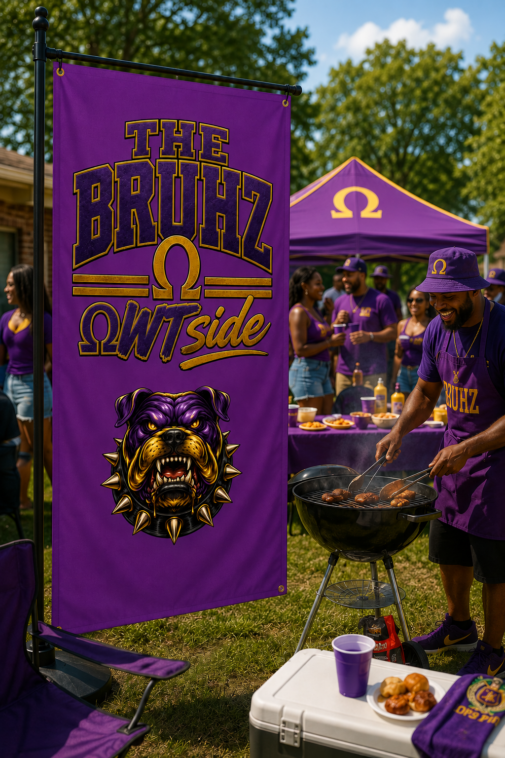 The Bruhz Outside Flag | 3x5 FT Purple Gold Outdoor Banner | Bulldog Wall Flag | Tailgate Cookout Decor | Fraternity Inspired Gift