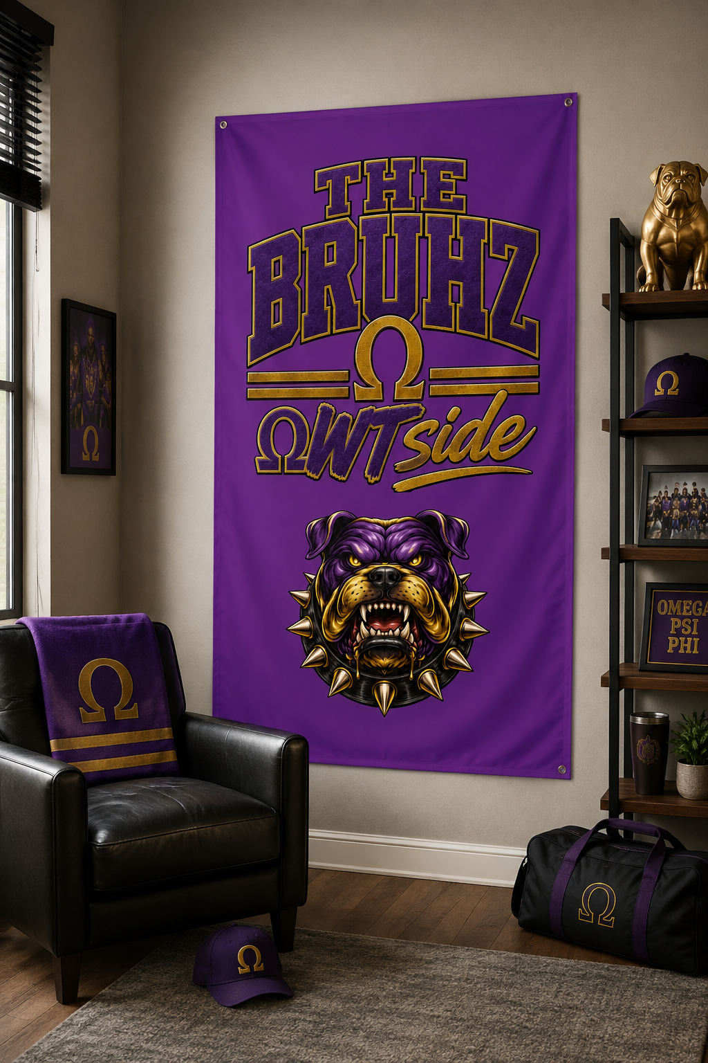 The Bruhz Outside Flag | 3x5 FT Purple Gold Outdoor Banner | Bulldog Wall Flag | Tailgate Cookout Decor | Fraternity Inspired Gift