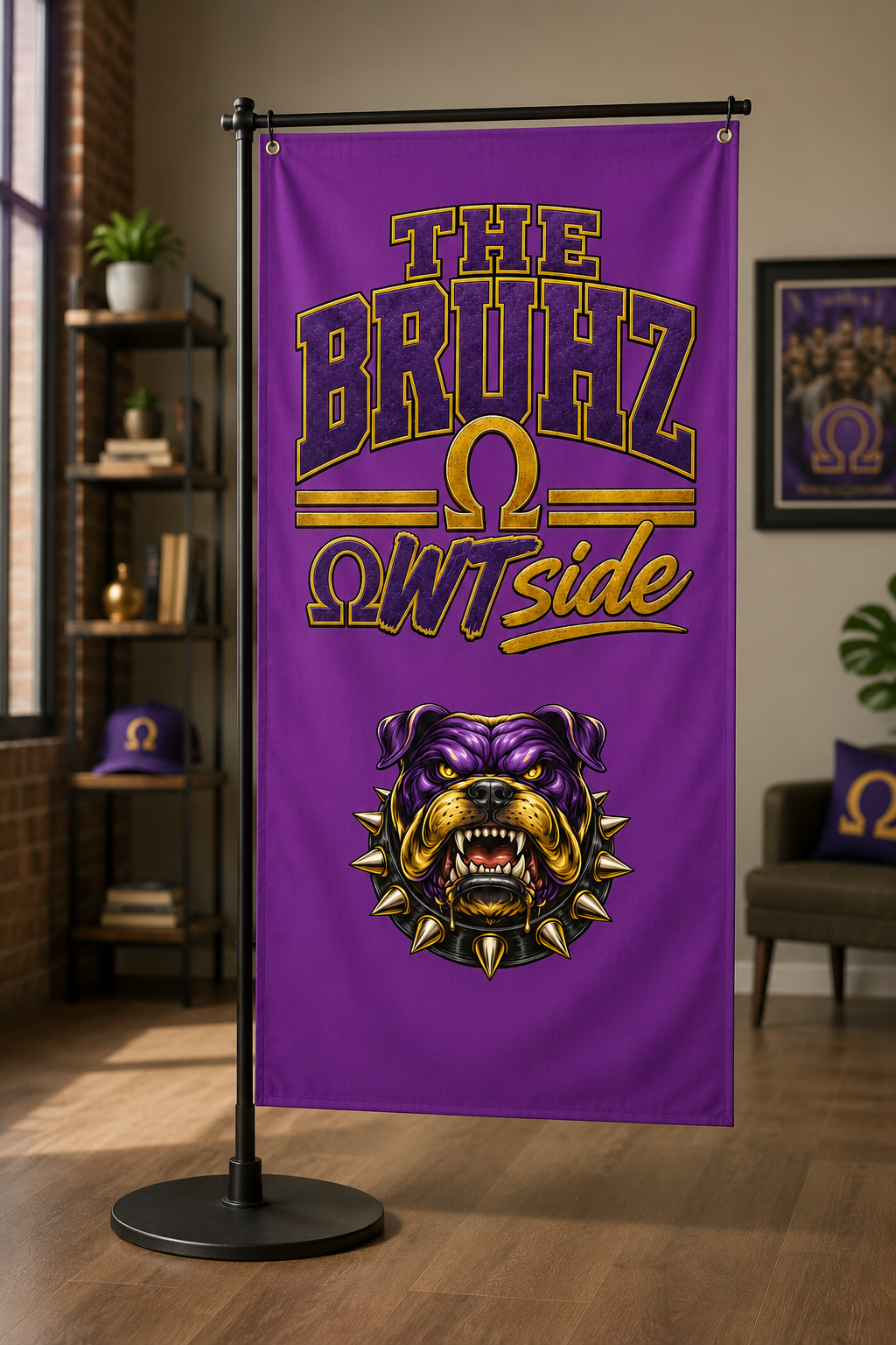 The Bruhz Outside Flag | 3x5 FT Purple Gold Outdoor Banner | Bulldog Wall Flag | Tailgate Cookout Decor | Fraternity Inspired Gift