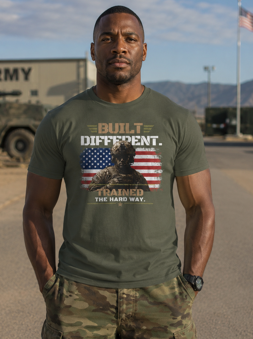 Built Different | Patriotic Motivational Graphic T-Shirt | Tactical Inspired Shirt | Grit Resilience Apparel | Veteran Appreciation