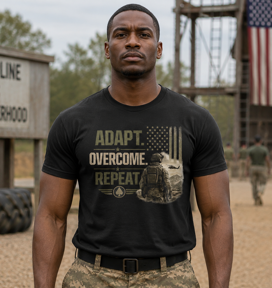 Adapt, Overcome, and Repeat | Patriotic Motivational Graphic T-Shirt | Tactical Inspired Shirt | Grit Resilience Apparel | Veteran Appreciation
