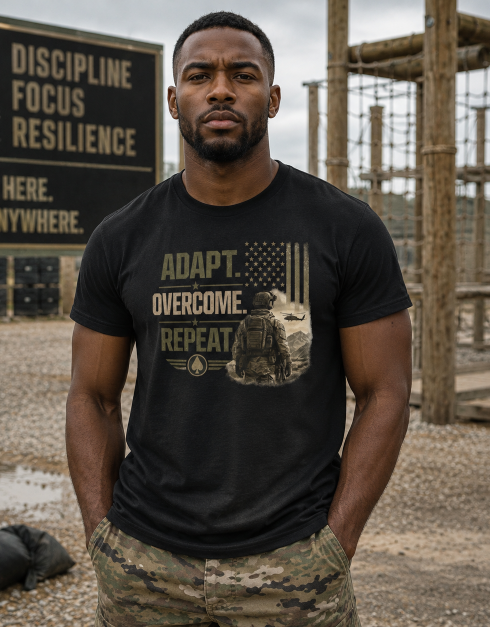 Adapt, Overcome, and Repeat | Patriotic Motivational Graphic T-Shirt | Tactical Inspired Shirt | Grit Resilience Apparel | Veteran Appreciation