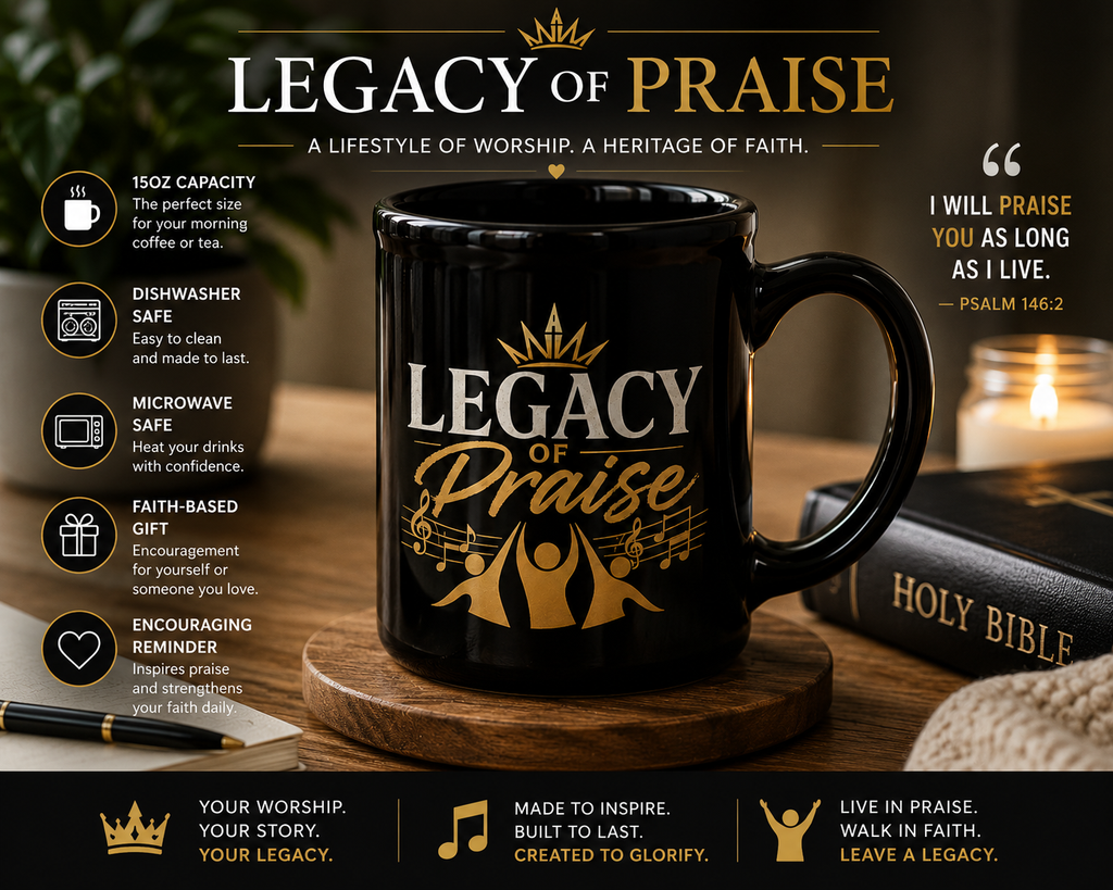 Legacy of Praise Black Ceramic Mug | Christian Coffee Mug | Faith Gift | Worship Mug | Inspirational Christian Gift | 15 oz Ceramic Mug