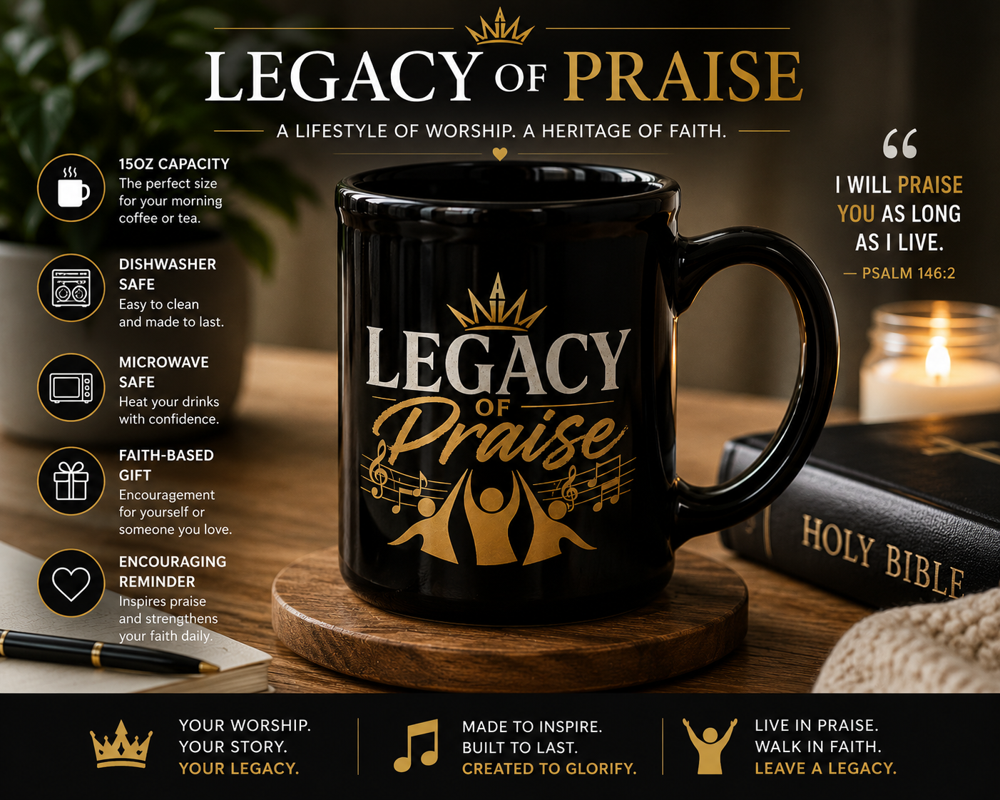 Legacy of Praise Black Ceramic Mug | Christian Coffee Mug | Faith Gift | Worship Mug | Inspirational Christian Gift | 15 oz Ceramic Mug