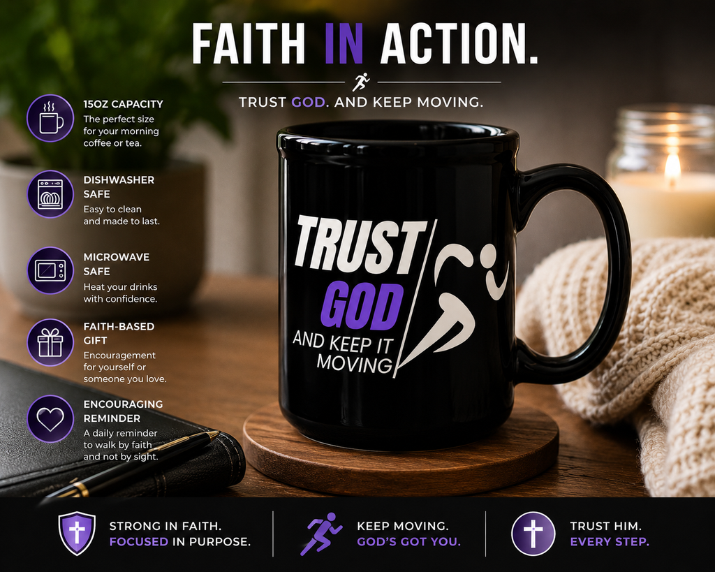 Trust God and Keep It Moving Black Ceramic Mug | Christian Coffee Mug | Faith Gift | Worship Mug | Inspirational Christian Gift | 15 oz Ceramic Mug