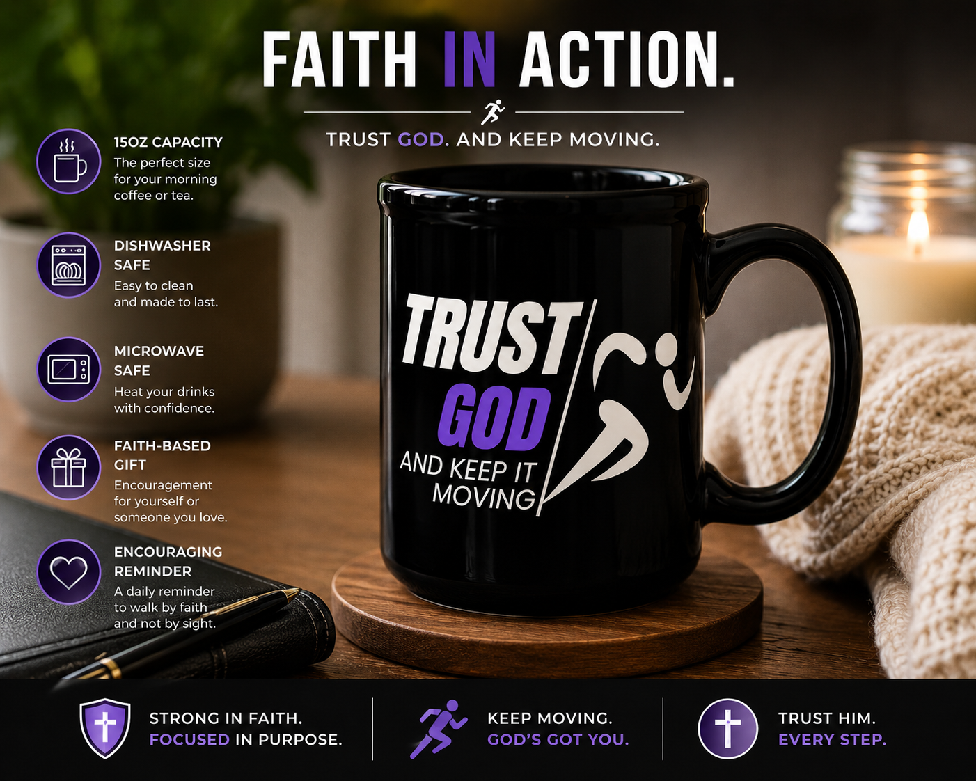 Trust God and Keep It Moving Black Ceramic Mug | Christian Coffee Mug | Faith Gift | Worship Mug | Inspirational Christian Gift | 15 oz Ceramic Mug