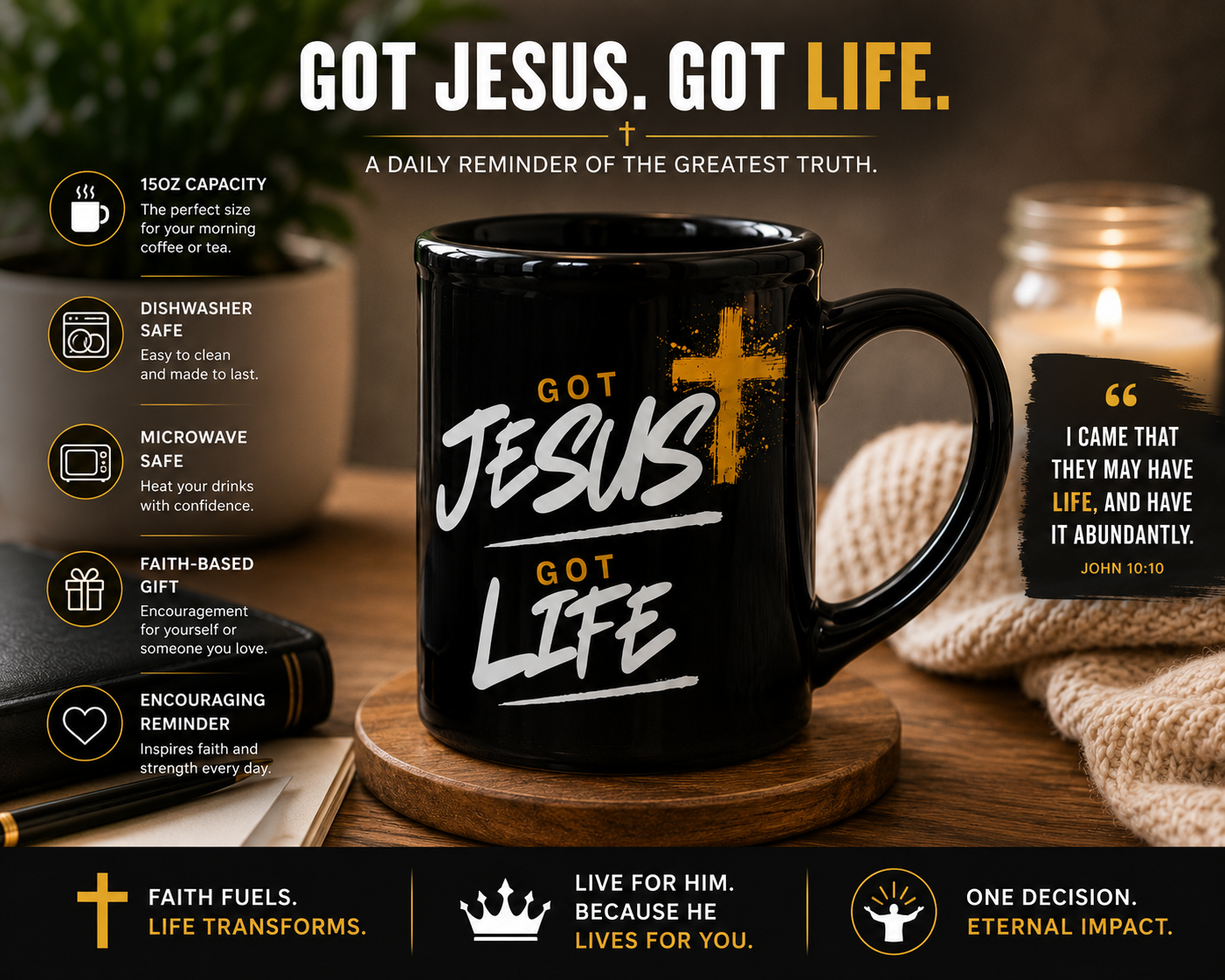 Got Jesus Got Life Black Ceramic Mug | Christian Coffee Mug | Faith Gift | Worship Mug | Inspirational Christian Gift | 15 oz Ceramic Mug