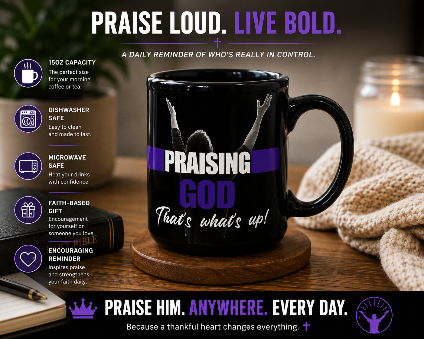 Praising God That's What's Up Black Ceramic Mug | Christian Coffee Mug | Faith Gift | Worship Mug | Inspirational Christian Gift | 15 oz Ceramic Mug