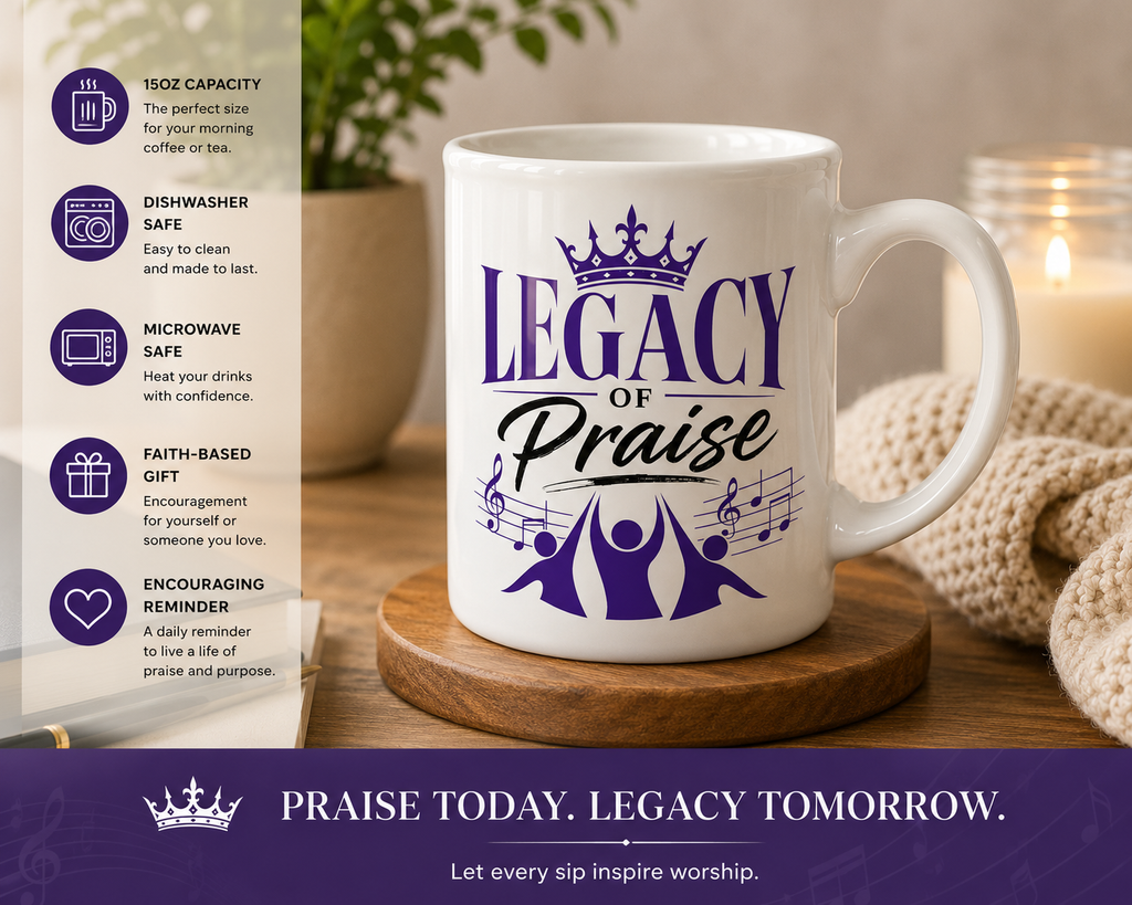 Legacy of Praise White Ceramic Mug | Christian Coffee Mug | Worship Gift | Faith Mug | Inspirational Christian Gift | Music Ministry Mug
