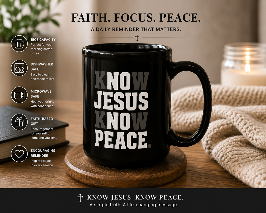 Know Jesus Know Peace Black Ceramic Mug | Christian Coffee Mug | Faith Gift | Worship Mug | Inspirational Christian Gift | 15 oz Ceramic Mug