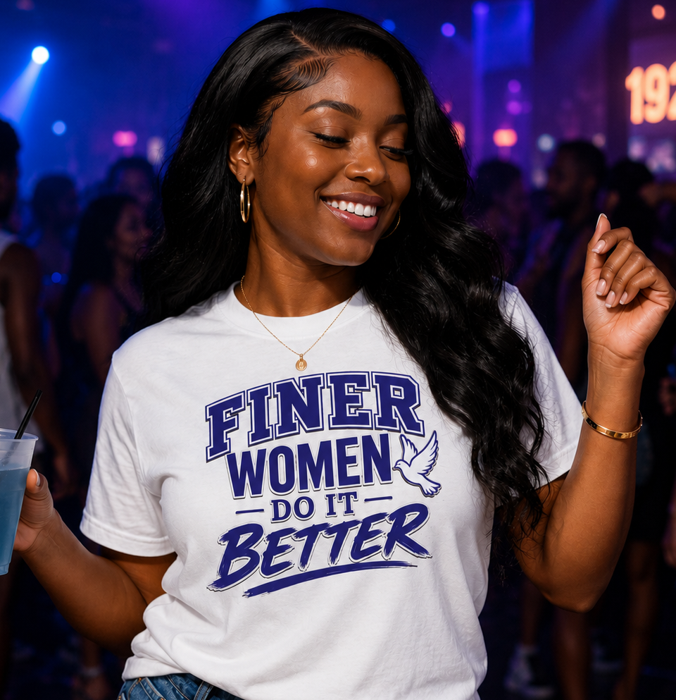 Woman wearing a t-shirt with 'Finer Women Do It Better' at a party.