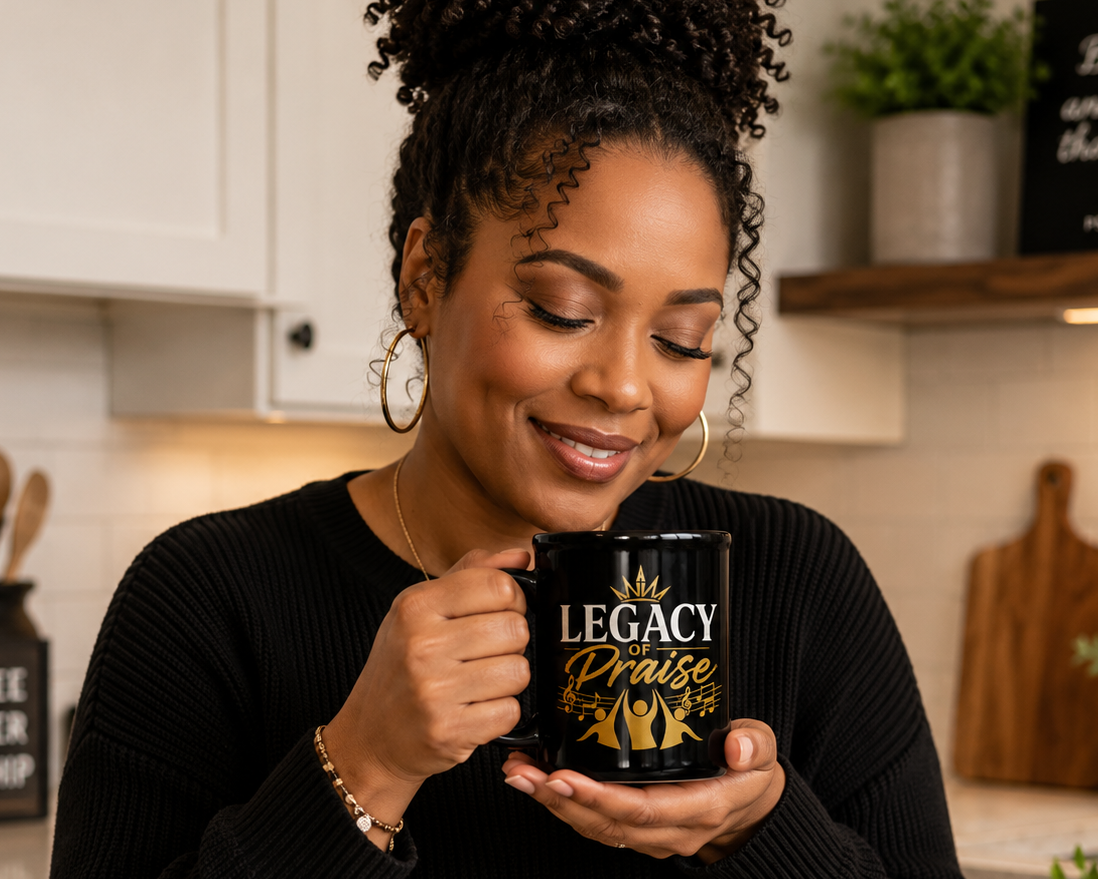 Legacy of Praise Black Ceramic Mug | Christian Coffee Mug | Faith Gift | Worship Mug | Inspirational Christian Gift | 15 oz Ceramic Mug