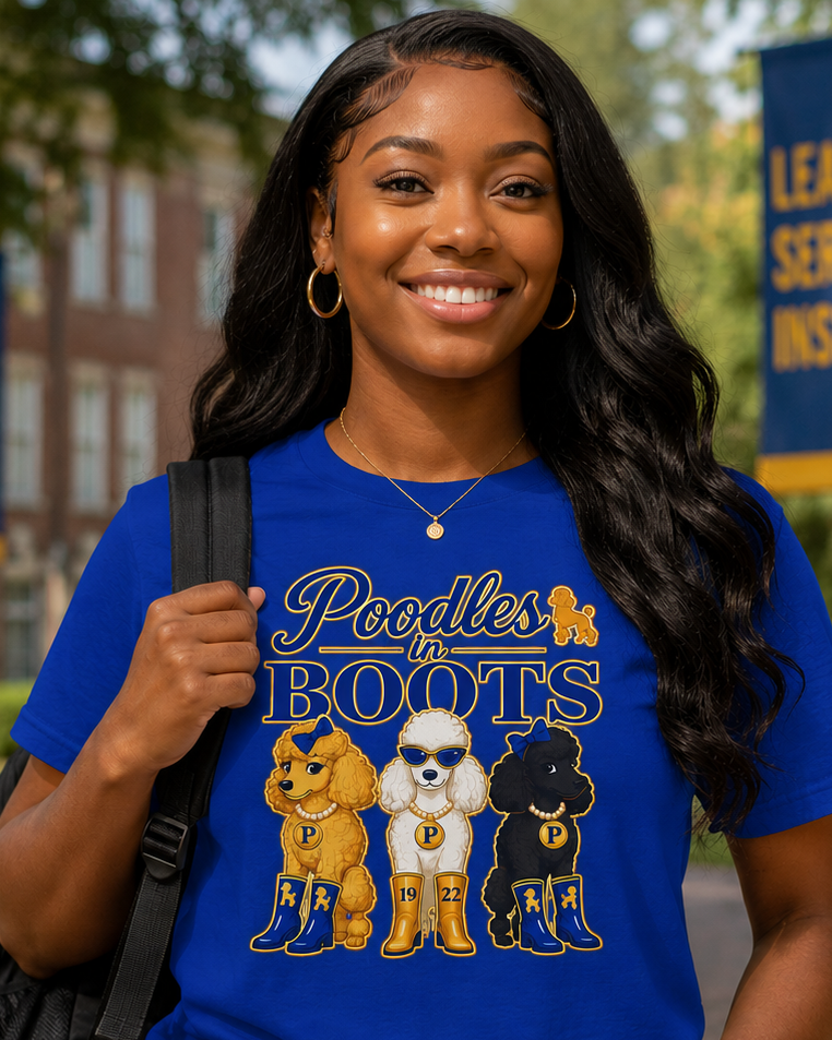 Poodles in Boots Shirt | Sorority Inspired Poodle Graphic Tee | Blue and Gold College Pride Shirt | Sisterhood Apparel | Unisex T-Shirt