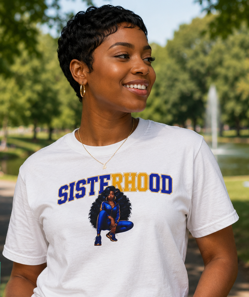Sisterhood Shirt | Blue and Gold Sisterhood Pride Tee | Empowered Women Graphic T-Shirt | College Inspired Apparel | Unisex Tee