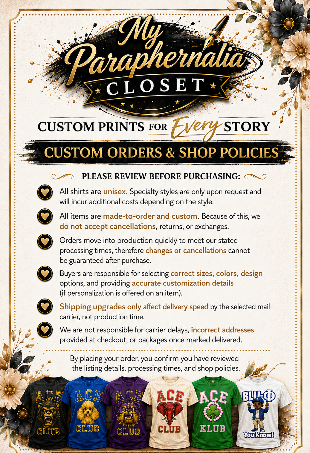 Promotional flyer for 'My Paraphernalia Closet' with custom t-shirt designs and policies.