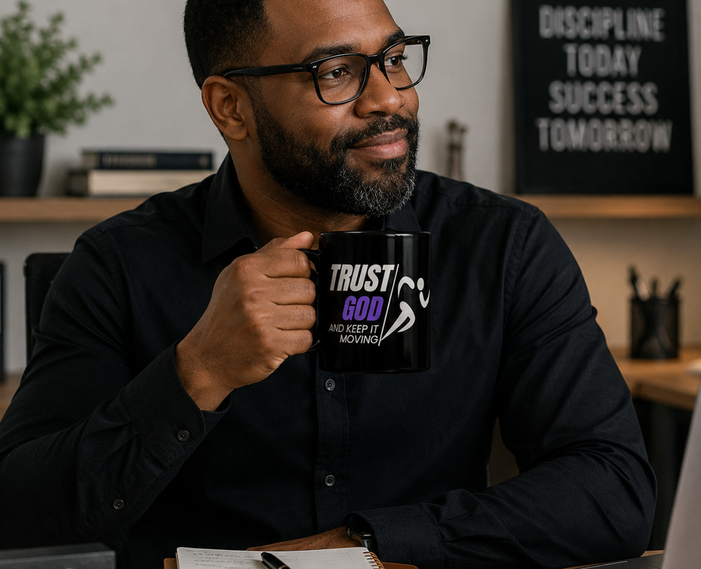 Trust God and Keep It Moving Black Ceramic Mug | Christian Coffee Mug | Faith Gift | Worship Mug | Inspirational Christian Gift | 15 oz Ceramic Mug