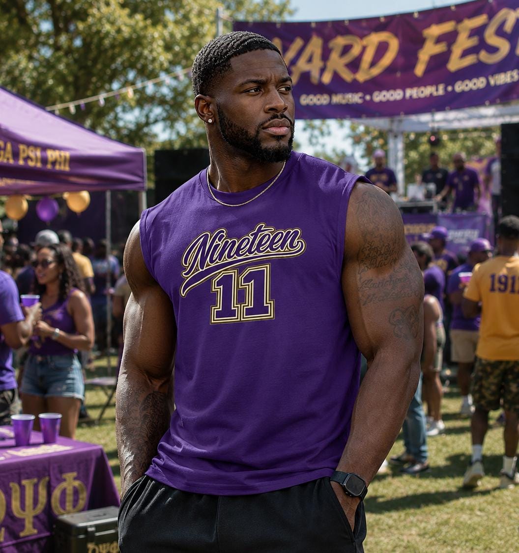 Nineteen 11 QUE Shirt, Men of Omega Tee, Purple and Gold Fraternity